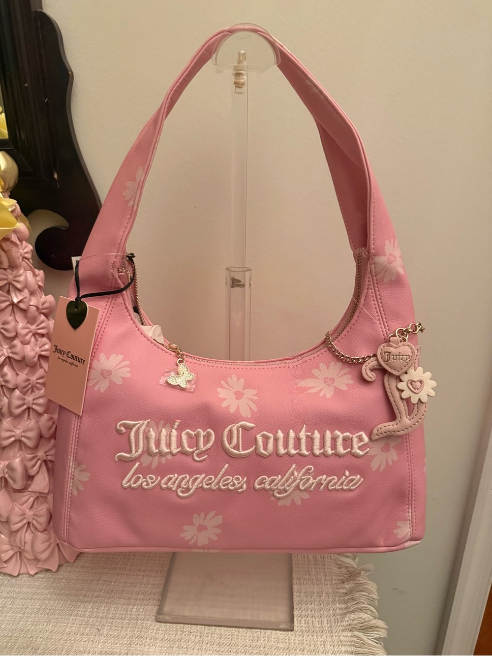 Juicy Couture Pink Floral Embroidered Logo Shoulder Bag